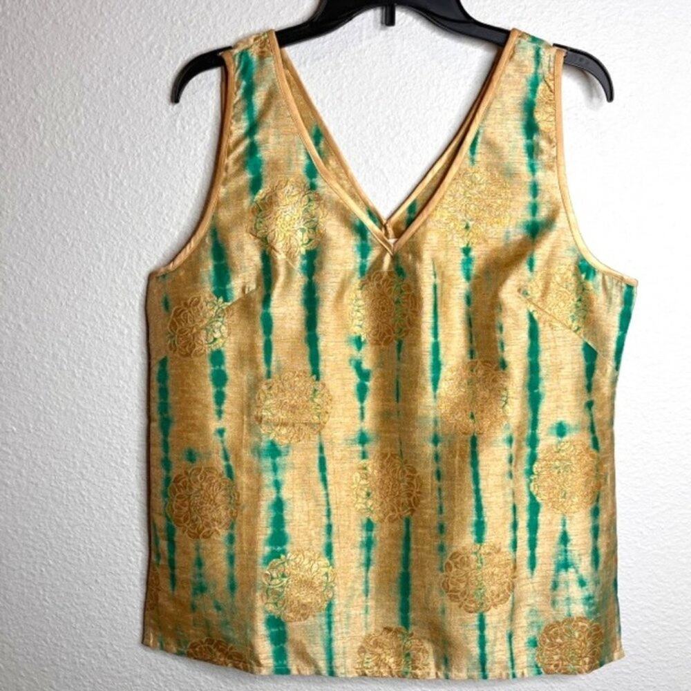 Julie Miles Gold Threaded Elegant Sleeveless Brocade Top Blouse Sz Large